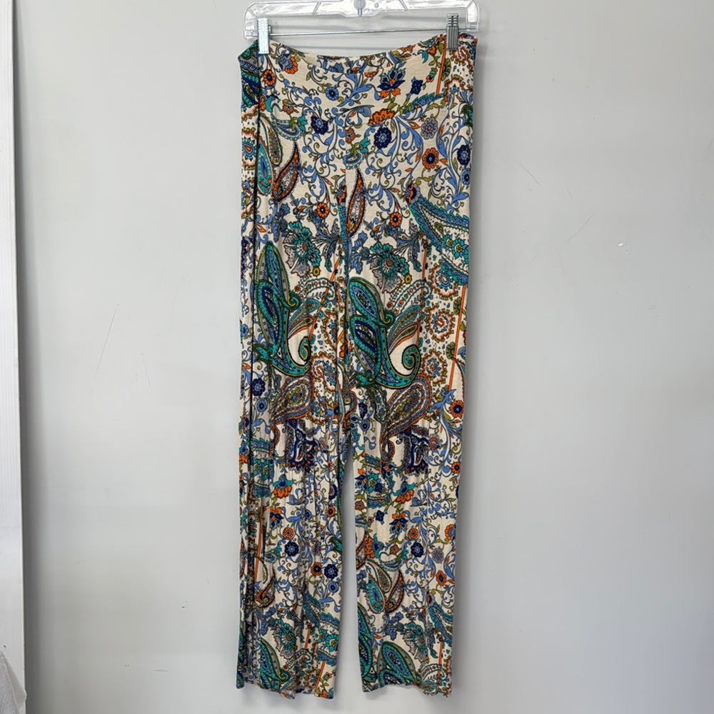 Cato Wide Leg Pants Vibrant Floral Paisley Design Blue Greens Small Oversized